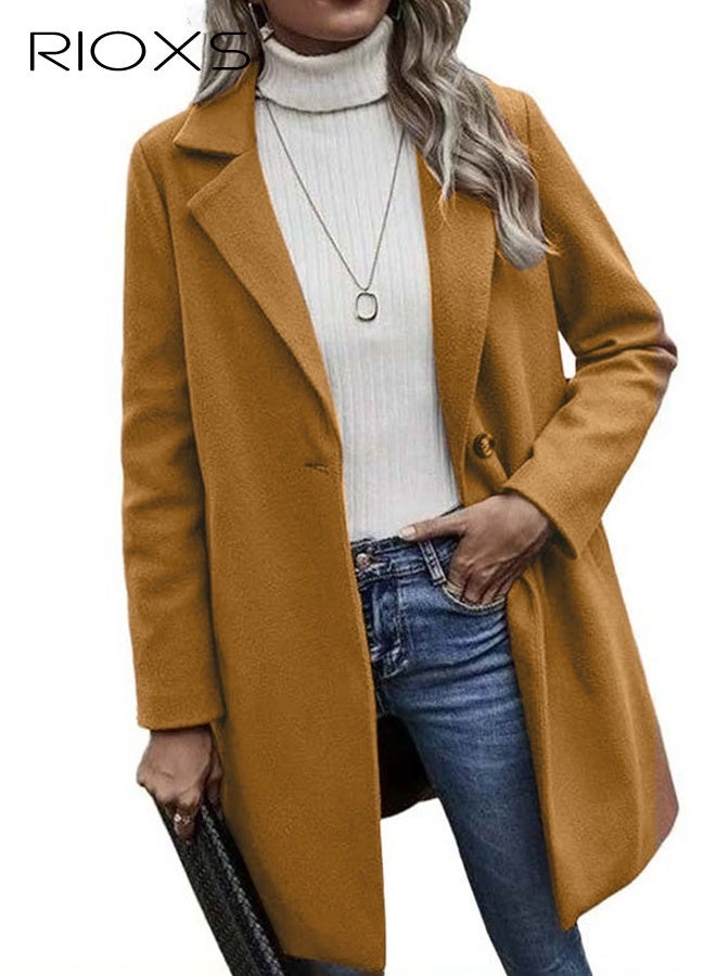 RIOXS Women's Notch Lapel Button Wool Blend Mid Long Coat, Stylish Warm Tweed Over Coat  Long Jacket with One Button and 2 Pockets, Winter Midi Long Pea Coat, Good for Street, Dating, Work, Office, Shopping or Everyday Wear, Dark Brown - Image 2